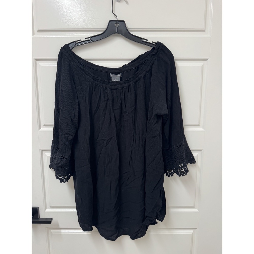 Chelsea & Theodore Women Black Blouse Lace Trim Sleeve Rayon Top XXL 2X